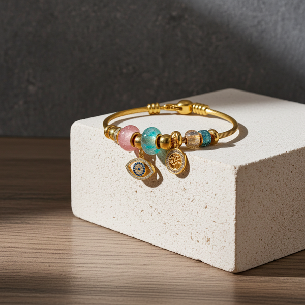 Eternal Blessings Charm Bracelet – Gold-Tone Symbolic Charms & Pastel Beads