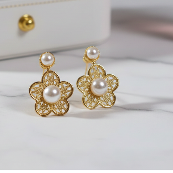 Gold-Toned Flower and Pearl Drop Earrings