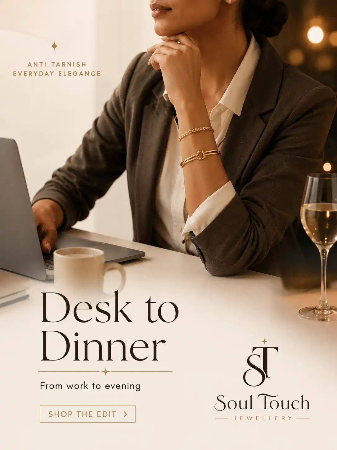 Working woman wearing gold bracelets from desk to dinner