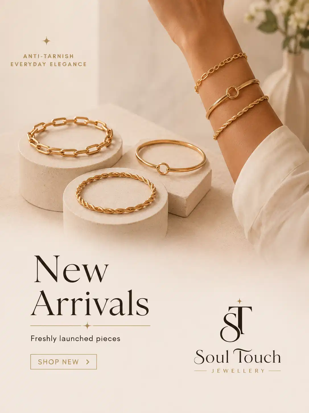 New anti-tarnish gold bracelets for women from Soul Touch Jewellery