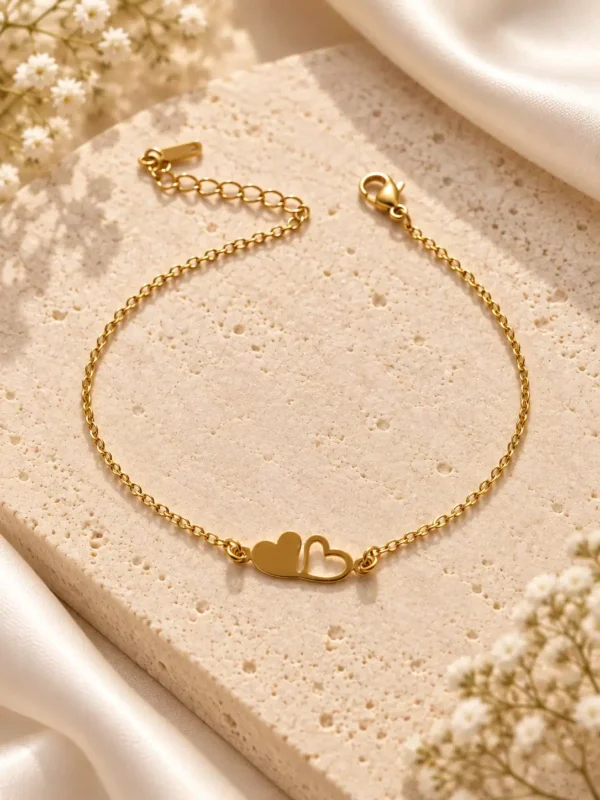 Amora gold twin heart chain bracelet for women with adjustable extender