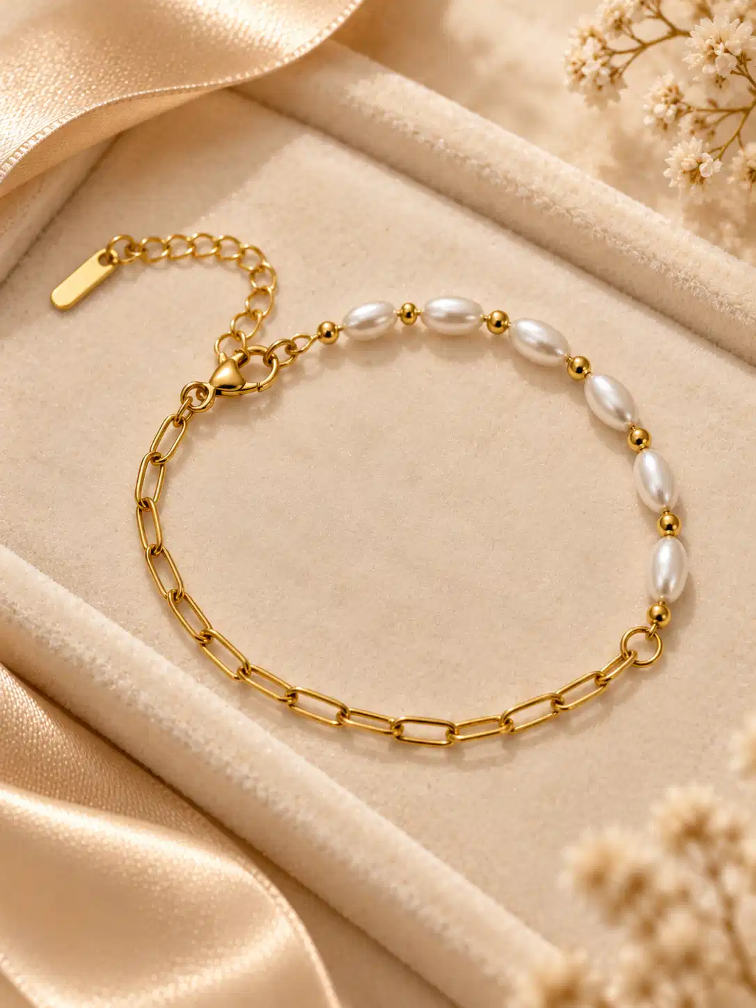 Aurelle gold pearl link bracelet with white oval beads and paperclip chain