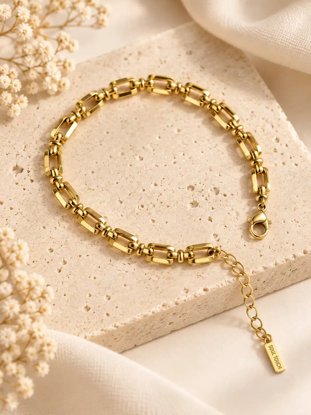 Aurevia geometric gold link bracelet for women with adjustable extender