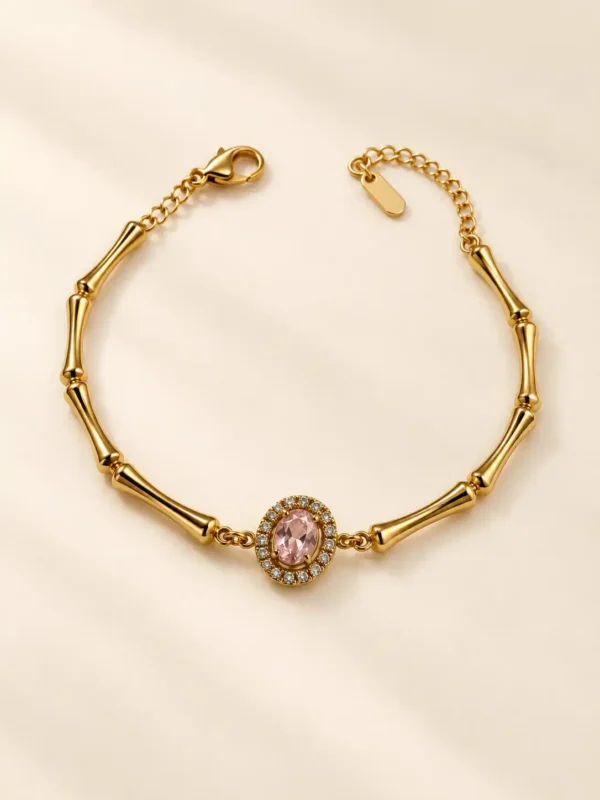 Elara pink stone gold link bracelet with clear halo detailing for women