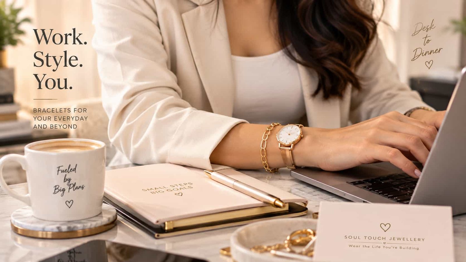 Gold bracelet styled with a watch for office wear