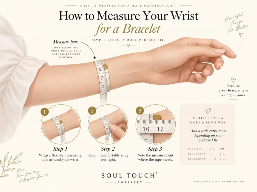 Woman measuring her wrist for the correct bracelet size
