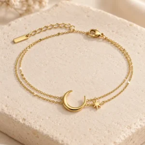 Lunara moon and star double-chain gold bracelet for women