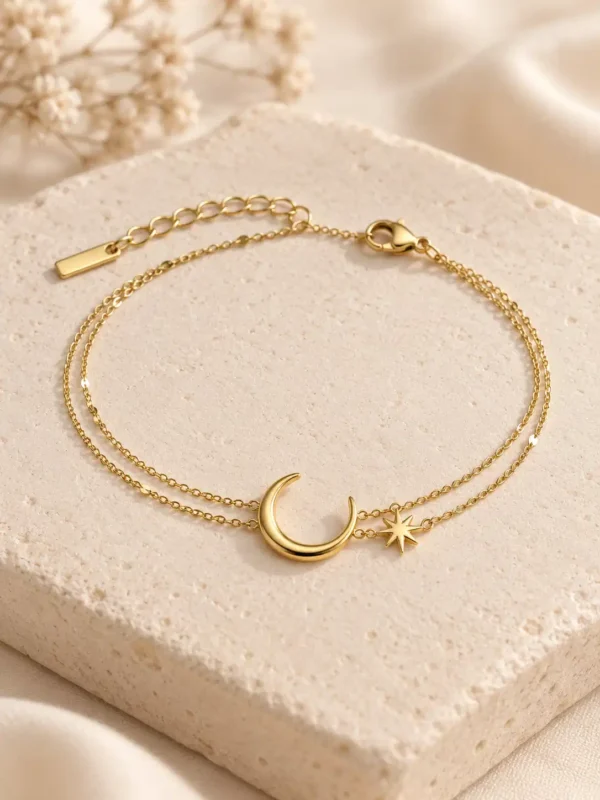 Lunara moon and star double-chain gold bracelet for women