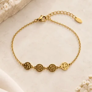Mira gold medallion chain bracelet with four geometric openwork motifs for women