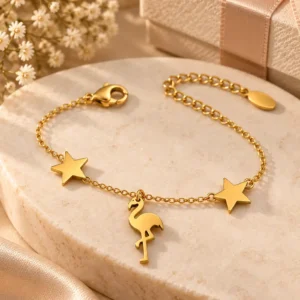 Stella gold flamingo charm bracelet with two star motifs for women