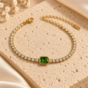 Virelle green stone gold tennis bracelet with clear round stones for women