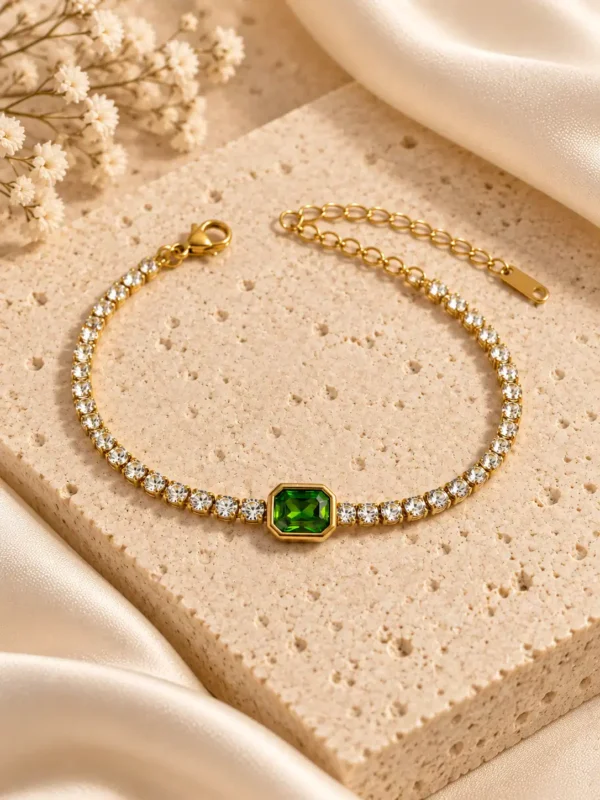 Virelle green stone gold tennis bracelet with clear round stones for women