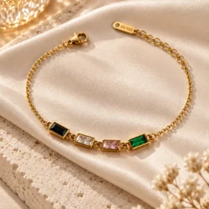 Vitra multicolor stone gold chain bracelet with black pink green and clear stones