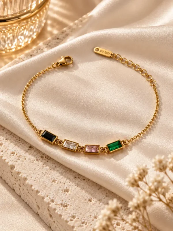 Vitra multicolor stone gold chain bracelet with black pink green and clear stones