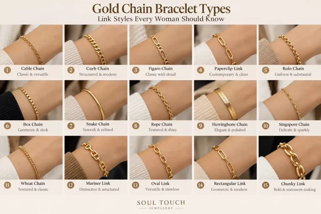 Gold chain bracelet types and link styles comparison