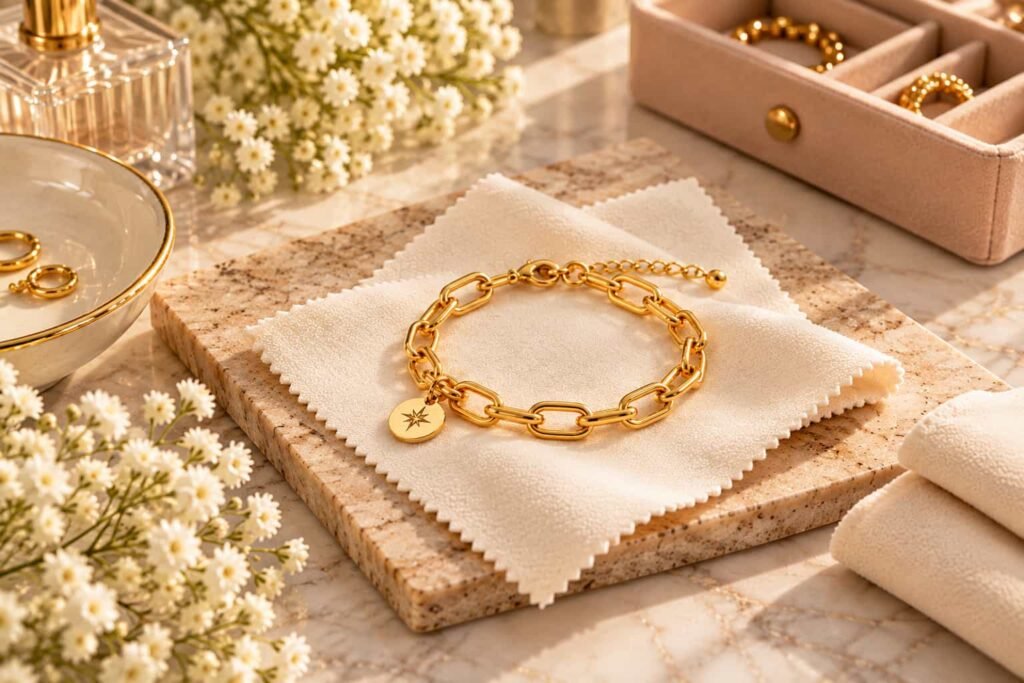 Gold-plated chain bracelet on a soft cloth for anti-tarnish jewellery care