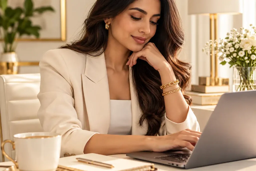 Indian working woman wearing a stack of gold chain and link bracelets at her desk
