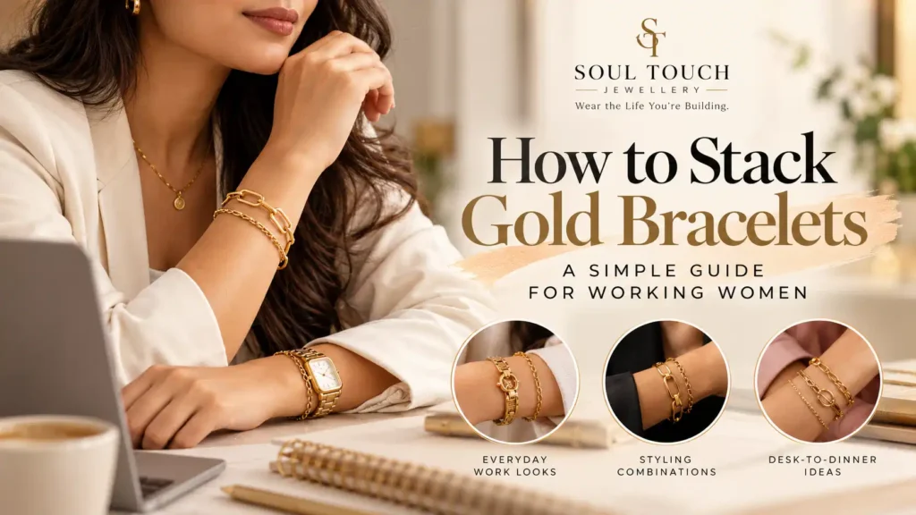 Working woman wearing stacked gold bracelets at her desk