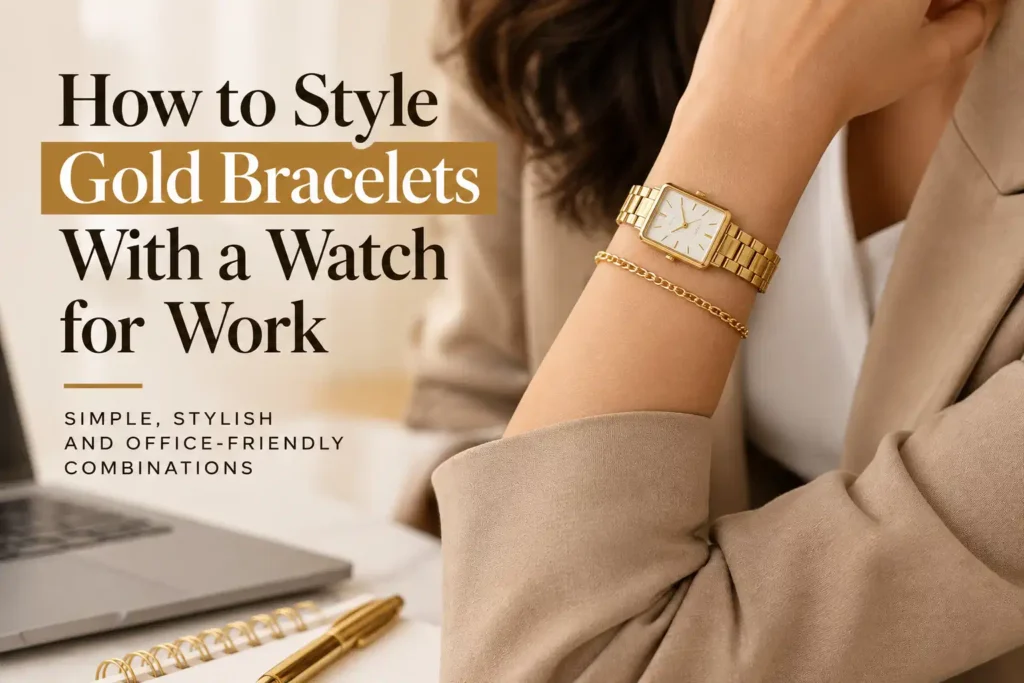 Woman styling a gold bracelet with a watch for work